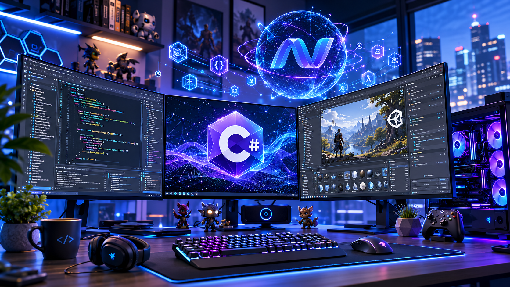 Illustration of C# 14 programming language with modern code editor, .NET 10 features and Unity game development environment in futuristic style