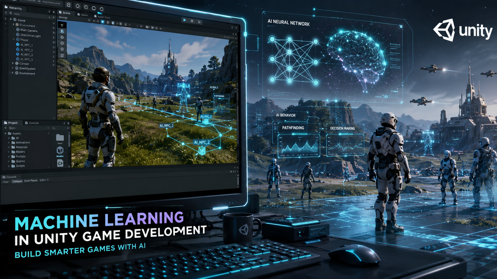 Machine learning in Unity game development showing artificial intelligence characters, futuristic game engine interface and AI algorithms